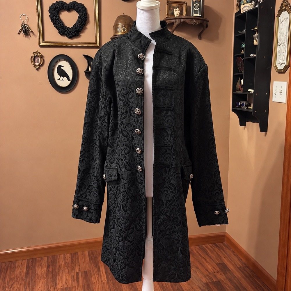 Black Damask Jacquard Frock Coat Victorian Steampunk Gothic Long Jacket XL